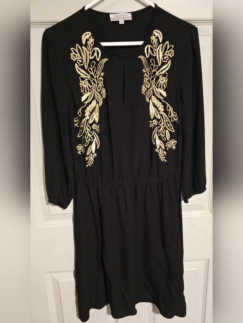 World Market Boho Embroidered Midi 3/4 Sleeve Dress Black & Gold Sz L/XL L XL